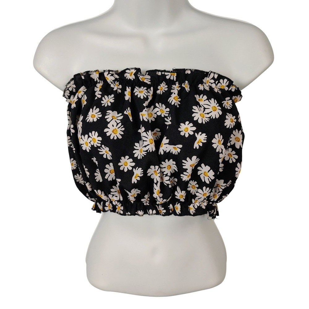 Womens M Daisy Floral Strapless Tube Top Black Cropped Cottagecore Y2K Boho